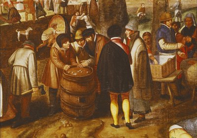 Flämischer Jahrmarkt, Detail von Männern, die Würfel spielen von Maerten van Cleve